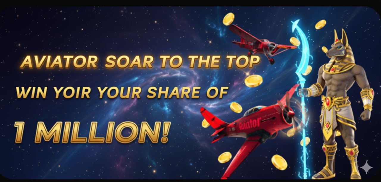 Two red planes in a starry sky with a golden Egyptian god Anubis and text 'AVIATOR — Soar to the Top & Win 1 Million!'
